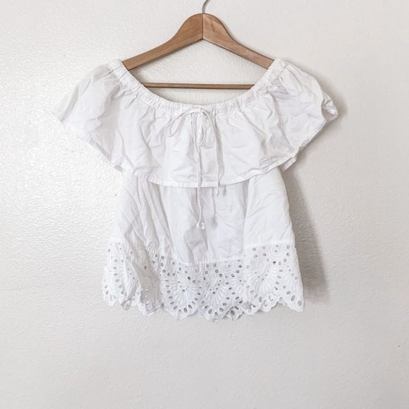 Madewell White Balcony Eyelet Ruffle Cold Shoulder Blouse - Picture 2 of 7